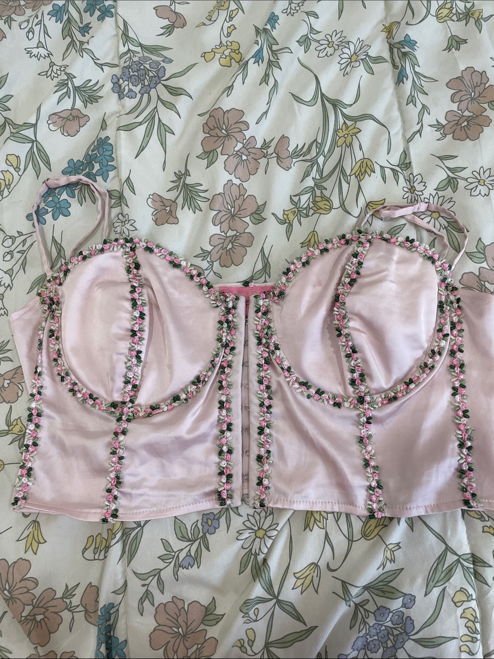 Sugar Thrillz Pale Pink Satin Floral-Trim Bustier Crop - Picture 6 of 7